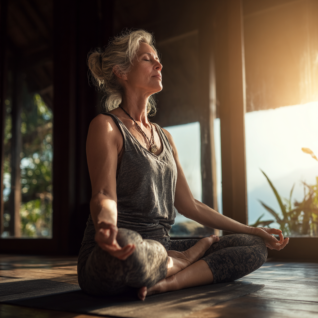 Middle-aged woman practicing yoga in peaceful setting with natural lighting