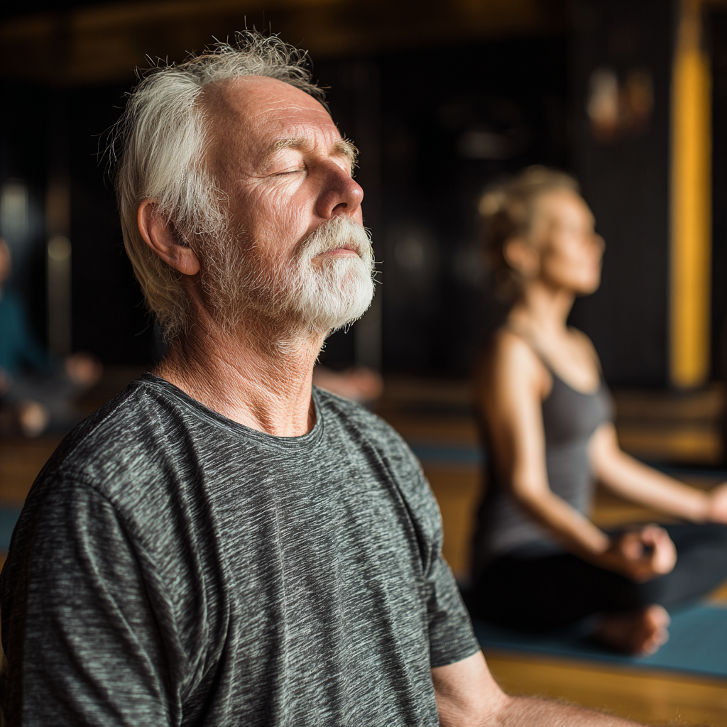 Senior man in meditation pose during yoga class with peaceful expression